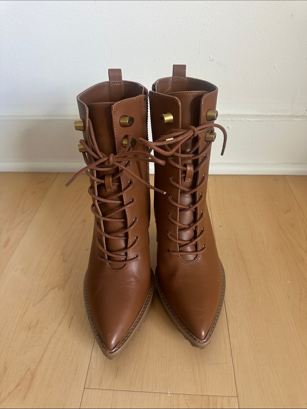 Michael Kors Cognac Lace-Up Leather Heeled Ankle Boots - Picture 2 of 5